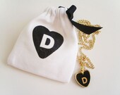 D - vintage initial heart necklace (16") with matching pouch (white)