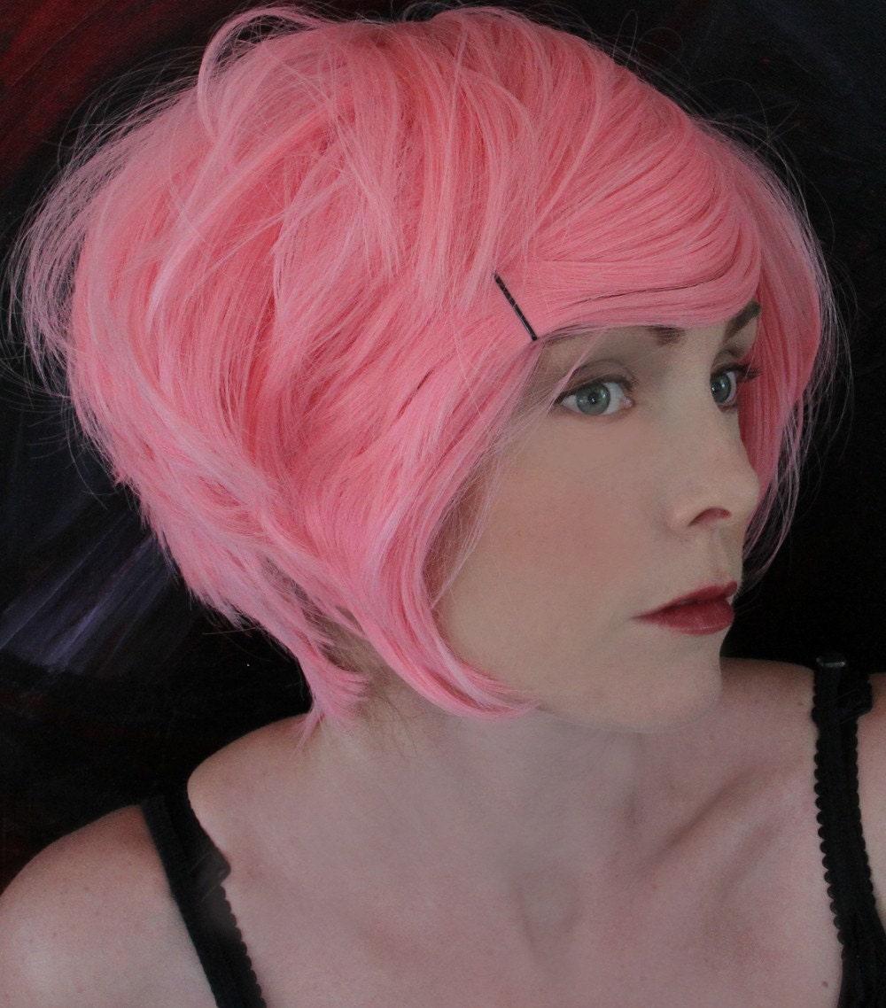 SALE // Flamingo Pink Wig // Medium Bob  Layered // Straight or Curl Heat Styleable
