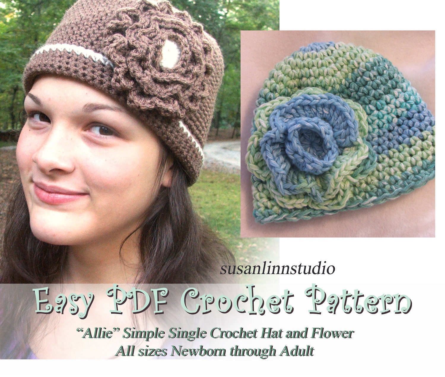 Instant Download Crochet PATTERN - ALLIE - Simple SC Hat and Flower in all sizes Preemie to Adult