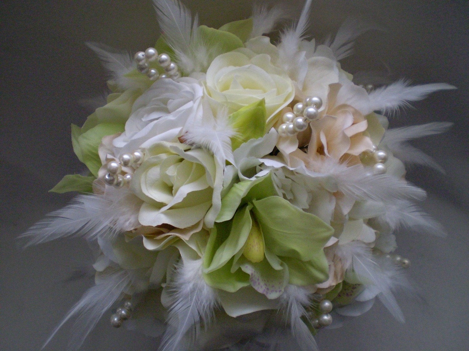COURTSHIP Wedding Bouquet  With Pearls And Feathers