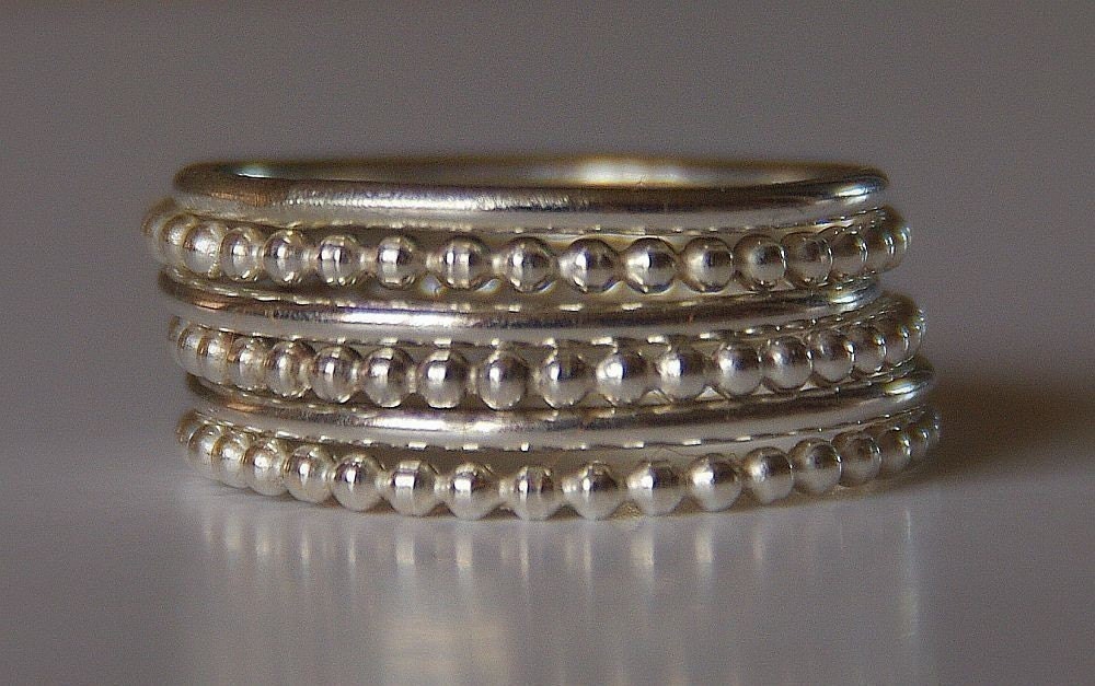 Set of 6 Stacking Silver Bead (beaded) Rings sizes 4,5,6,7,8,9,10,11