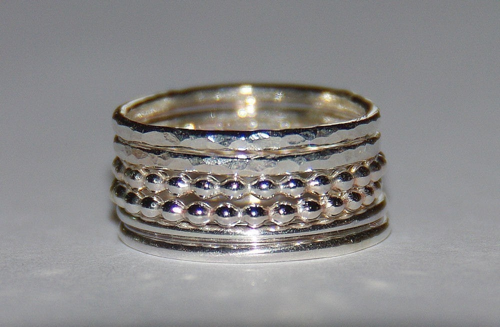 Rustic beaded (dotted), smooth and hammered sterling silver stacking rings set sizes 4.5.6.7.8.9.10.11. half and quarter, free shipping