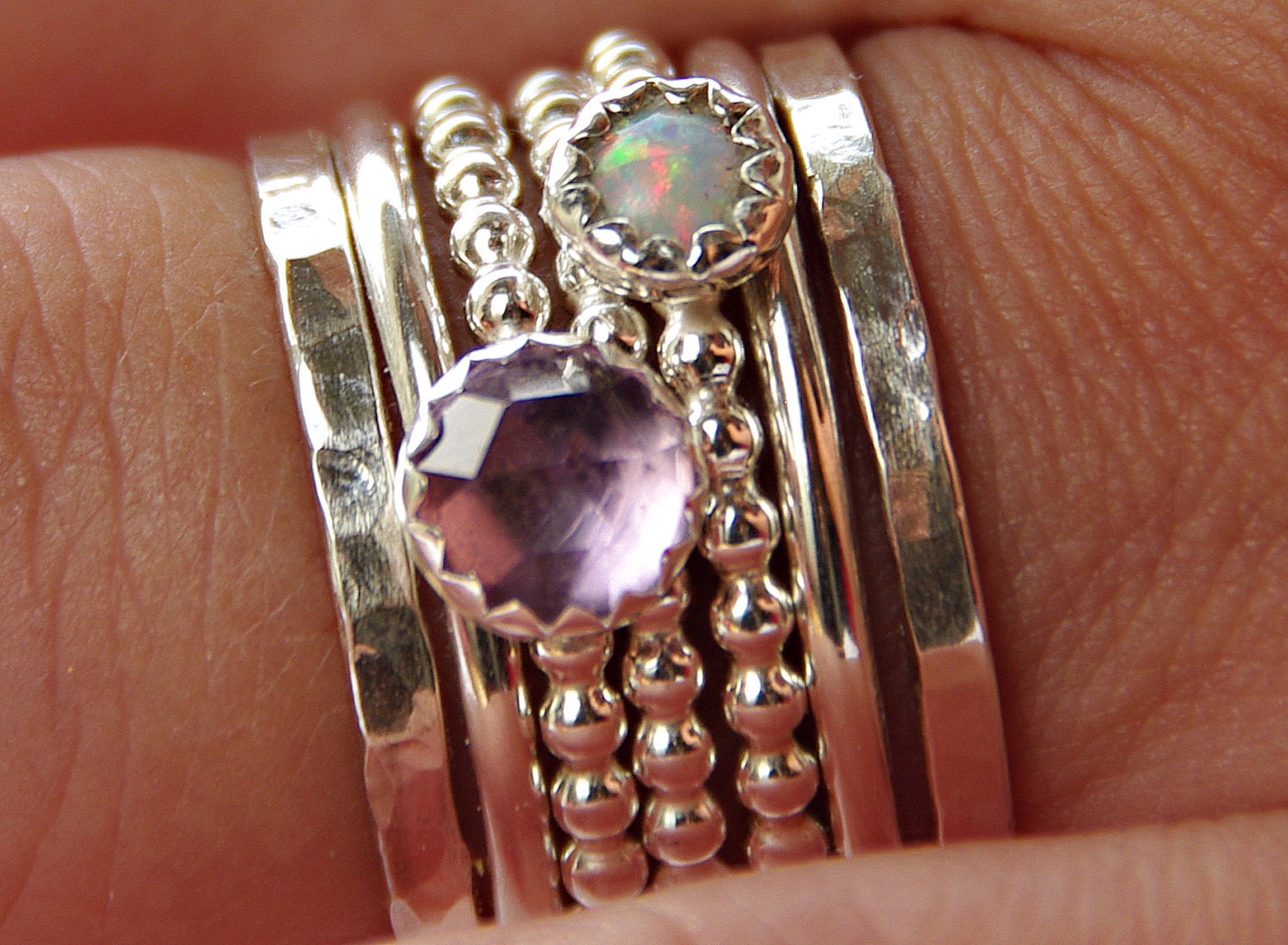 Opal & Amethyst Stackable Birthstones Mothers rings - Personalized Jewelry - Gemstone Ring, Stackable Ring - Mother's Day gifts