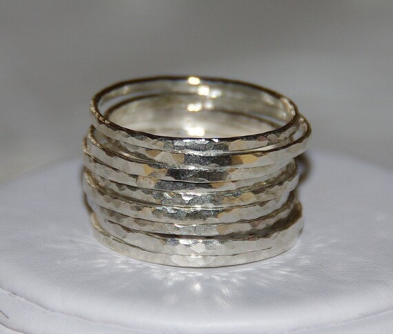 BOLD SET OF 9 handmade hammered sterling silver stackable rings, sizes 3, 4, 5, 6, 7, 8, 9, 10, 11