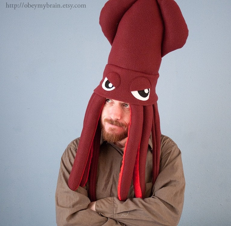 Large Plush Squid Hat - Burgundy