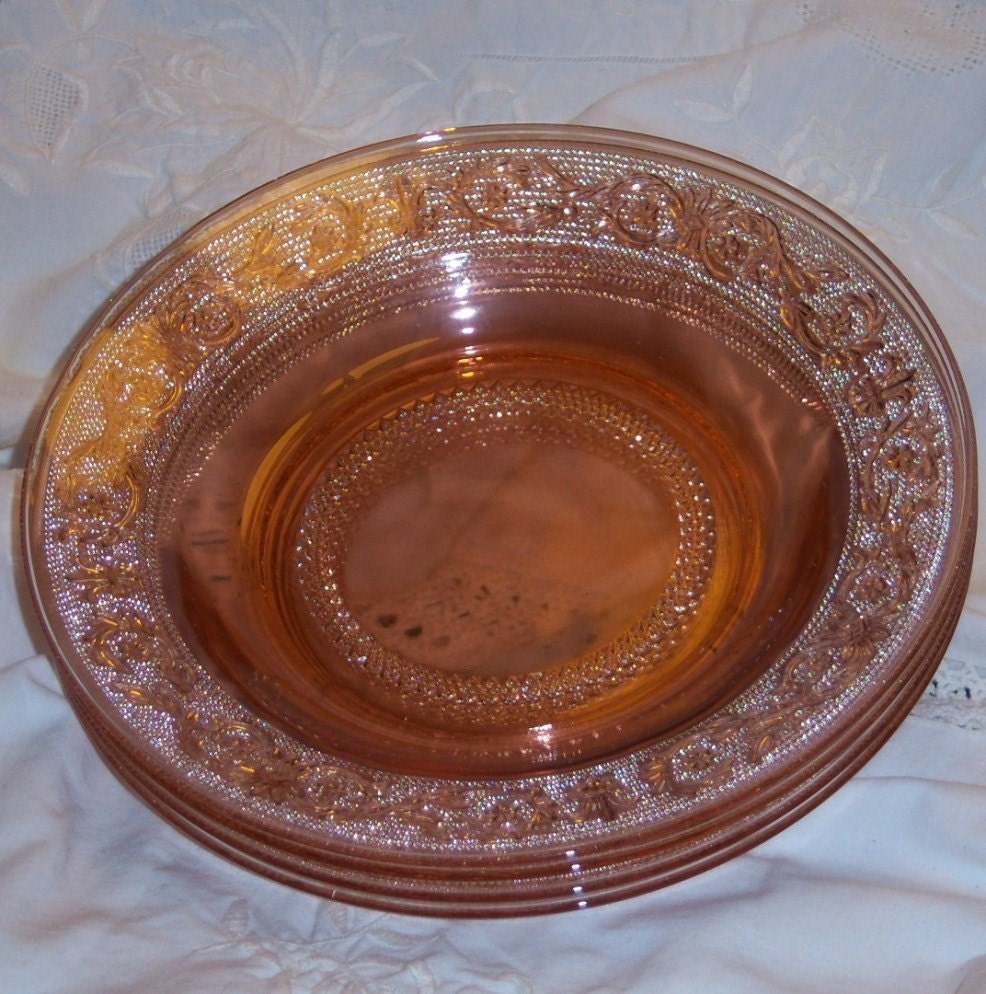 4 Pink Depression Glass Flat Soup Bowls Sandwich Pattern