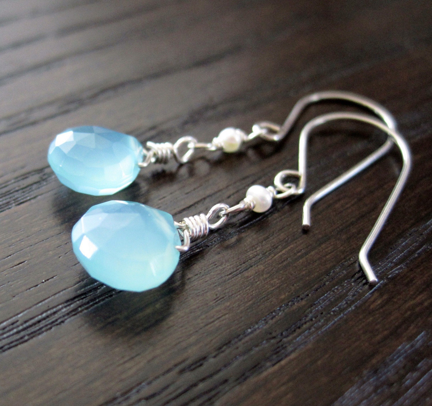 Aqua Chalcedony, White Pearl and Sterling Silver Earrings