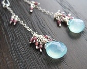 Aqua blue faceted chalcedony and red garnet earrings