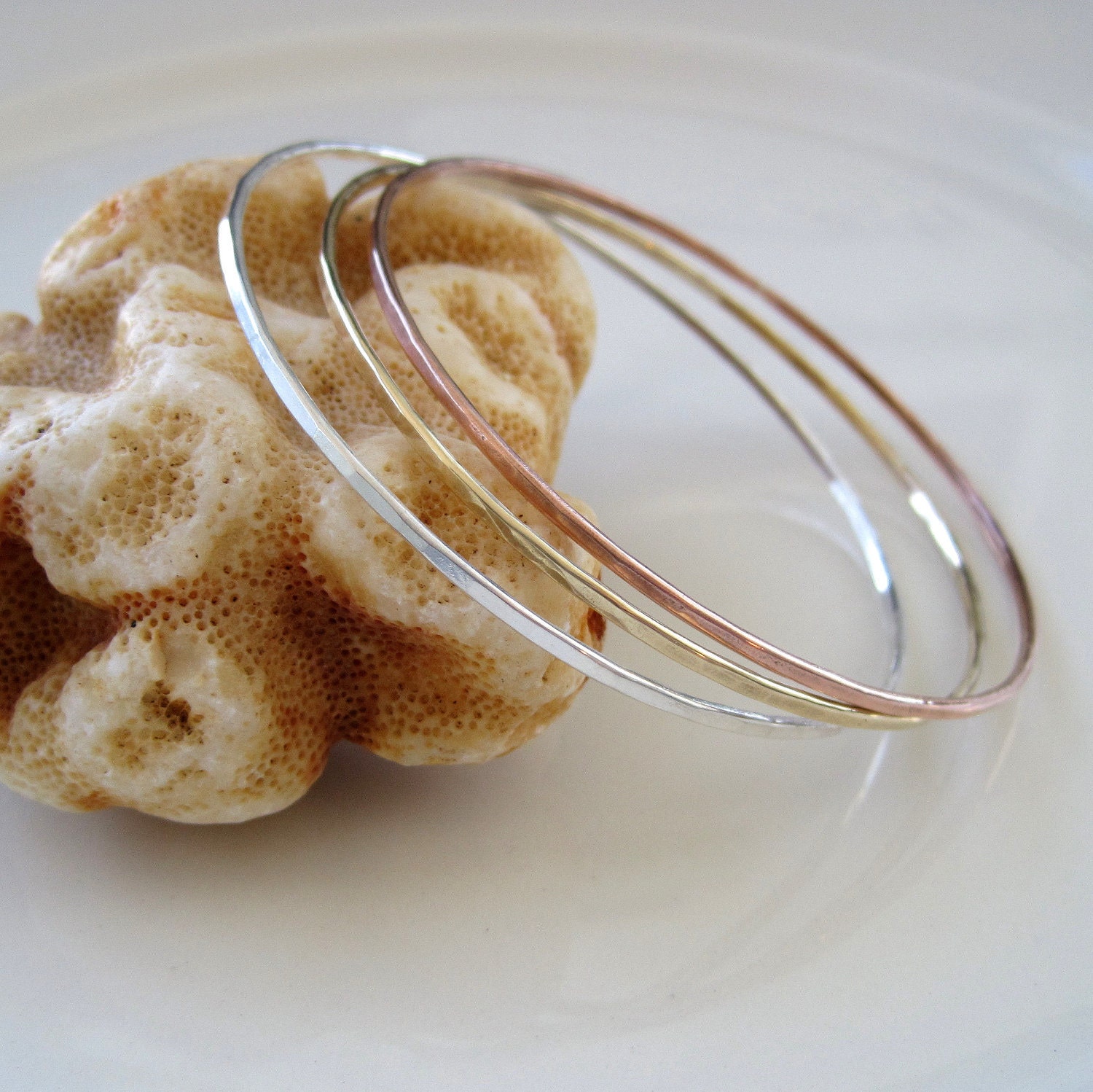 Mixed metal stacking bangle bracelets. Medium size, ready to ship.