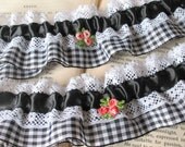 GINGHAM Bridal Garter Set - SWEET COUNTRY with Flower Applique - Handmade Wedding Ready To Ship