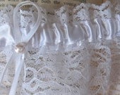 WHITE Bridal Garter -JE T'AIME with Ribbon Tassel and Pearl
