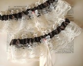 Ivory Bridal Garter Set - MA CHERIE with Chocolate Satin and Vintage Lace Bow and Pearl