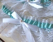 Wedding Garter- MINT Satin Bridal Garter Set -White Lace - White Satin Bow - Pearl- SWEET NOTHINGS