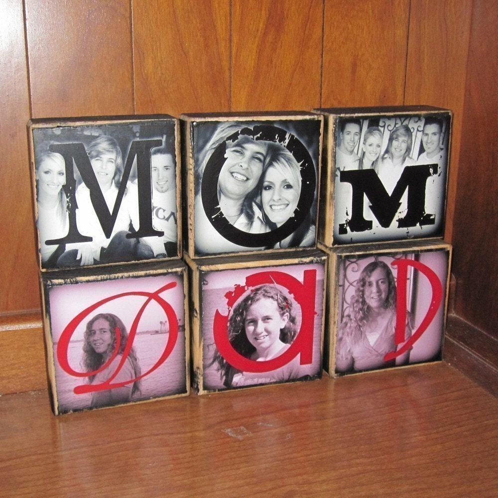 PERSONALIZED Gift- Photo Blocks- MOM Dad POP Sis- set of 3 Letter Blocks