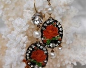 Lilygrace Vintage Red Rose Oval Cameo Earrings with Vintage Rhinestones and Freshwater Pearls