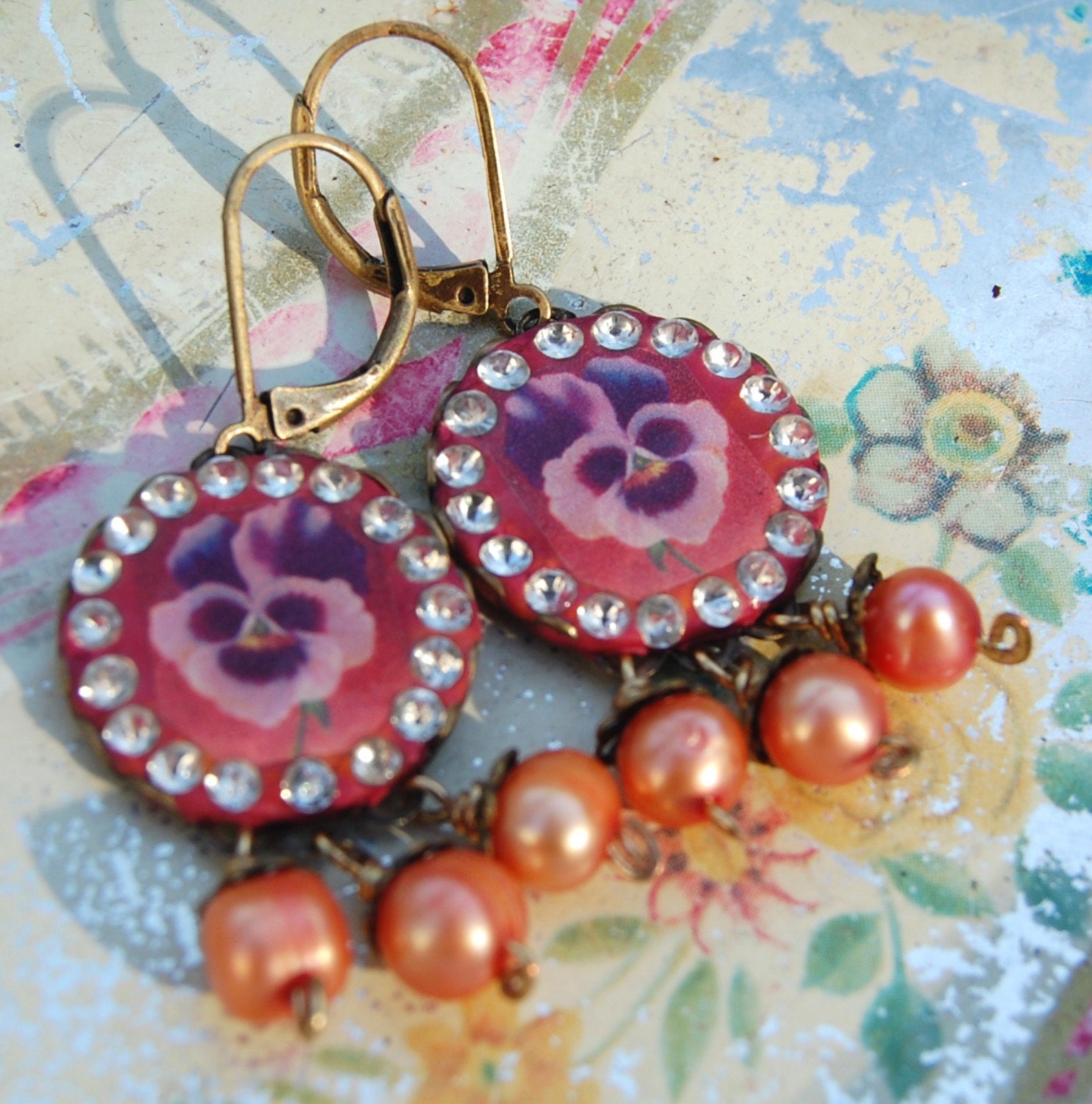Lilygrace Vintage Pansy Cameo Earrings with Vintage Rhinestones and Freshwater Pearls