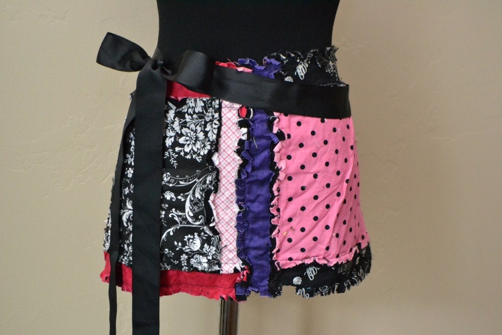 RAG APRON, Half, Women, Hot Pink Black and Purple, Made to Order