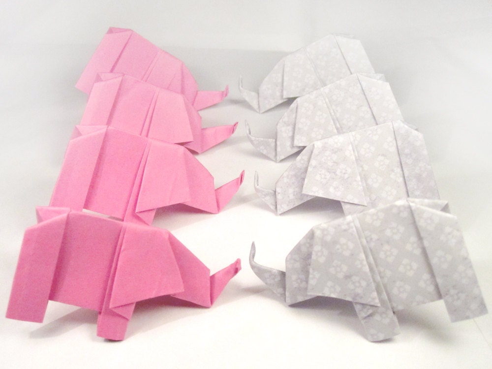 8 Origami Elephants - Neon Pink and Grey Lace