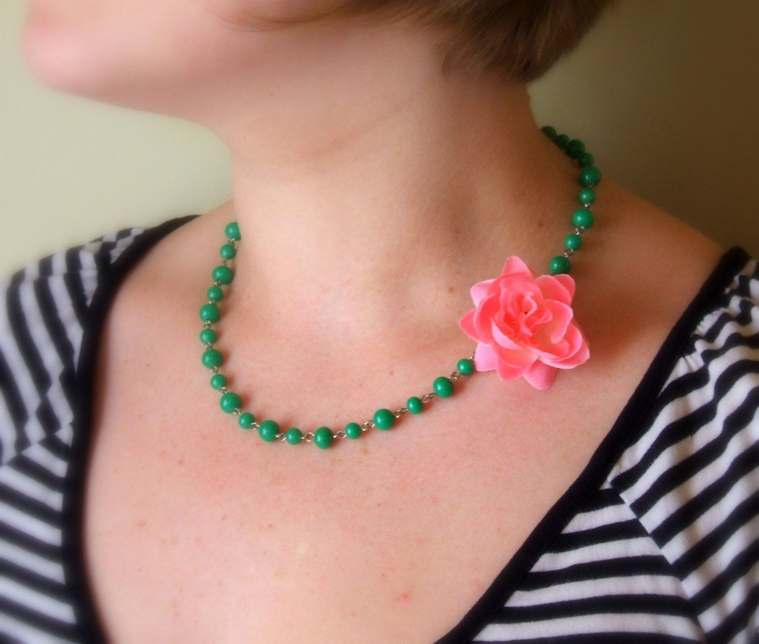 Small Pink Rose on Green Rosary Chain Necklace