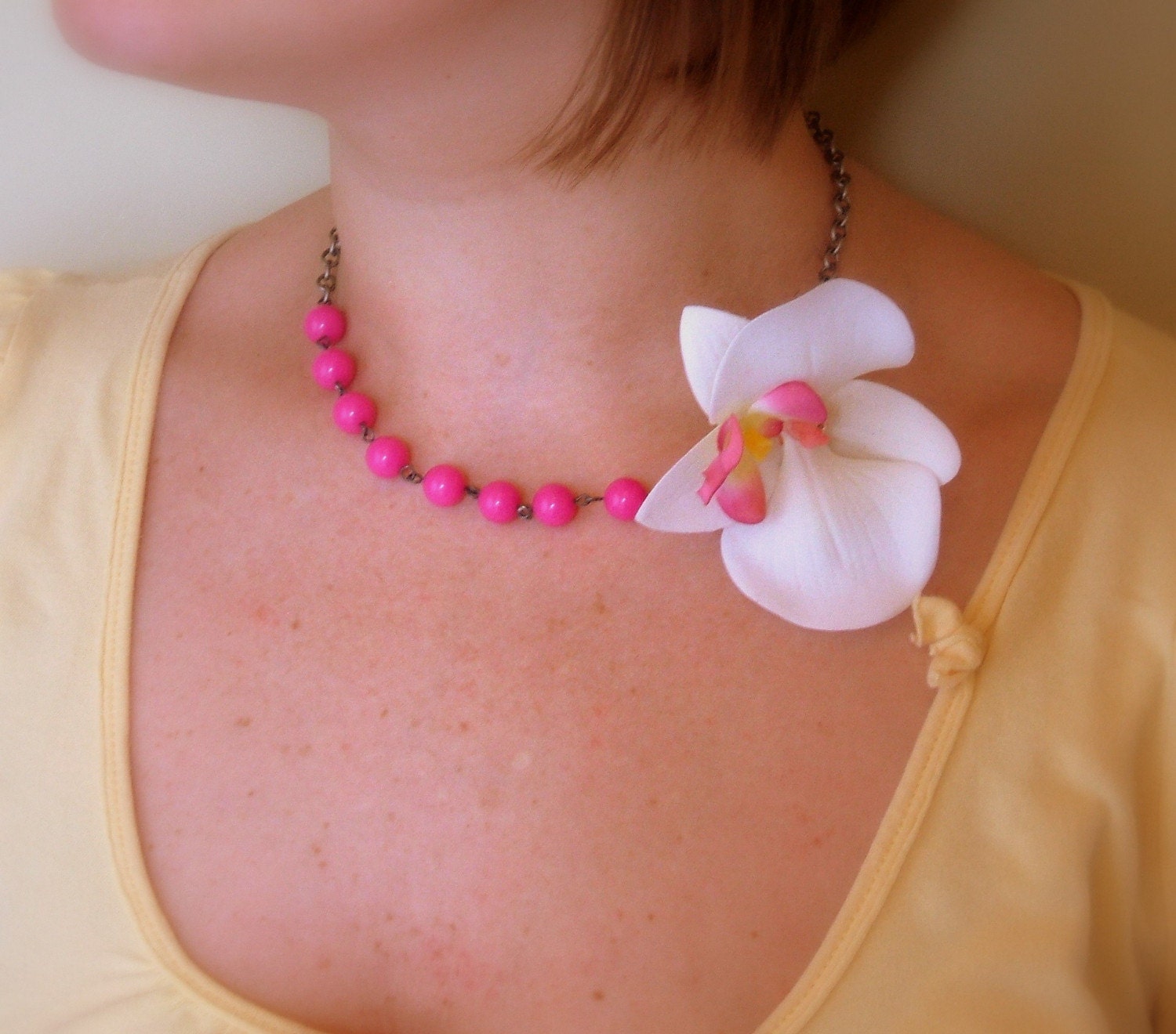 Flower Necklace - White orchid and hot pink bead
