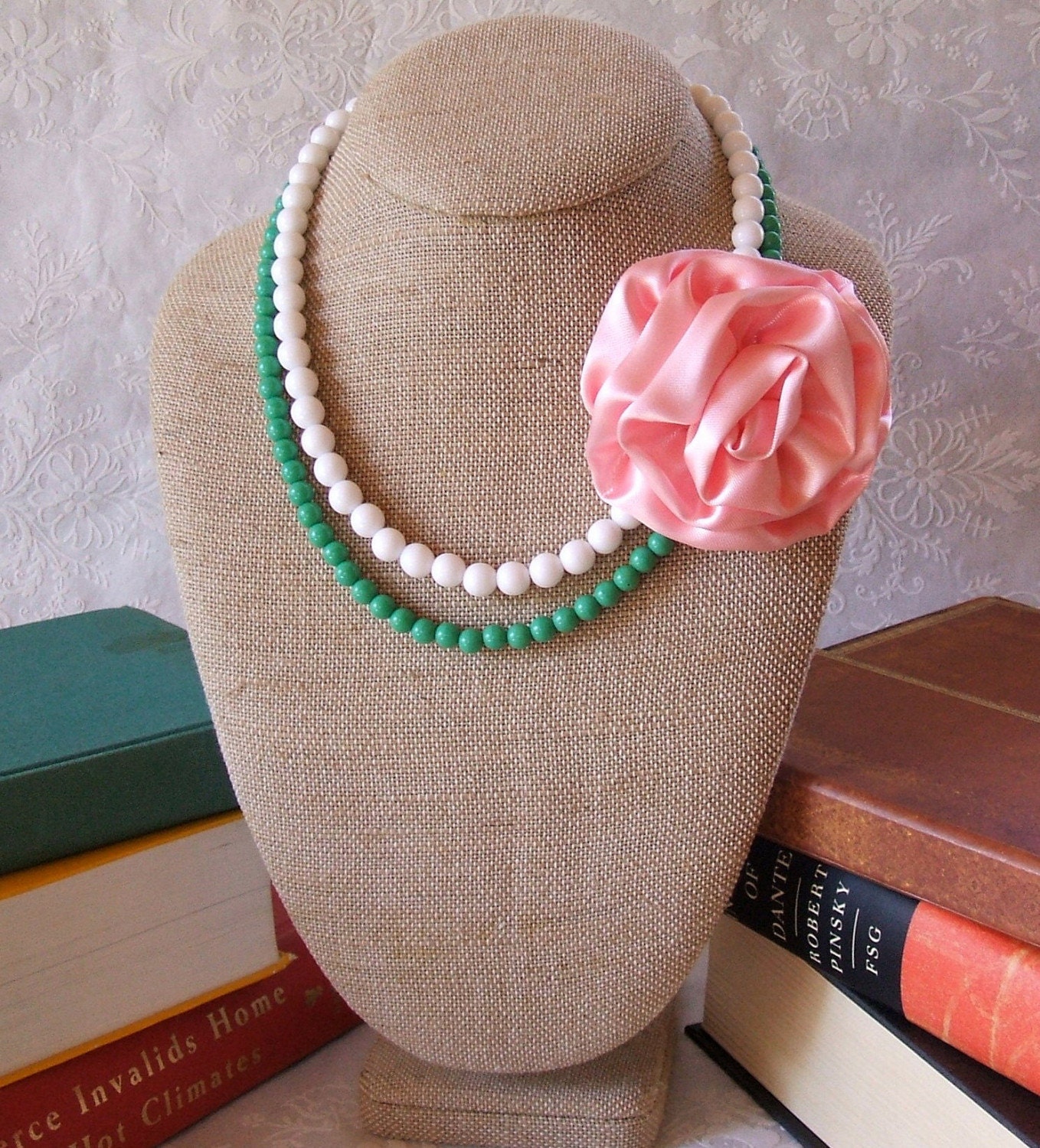 Flower Necklace - Pink satin rose, green and white glass beads