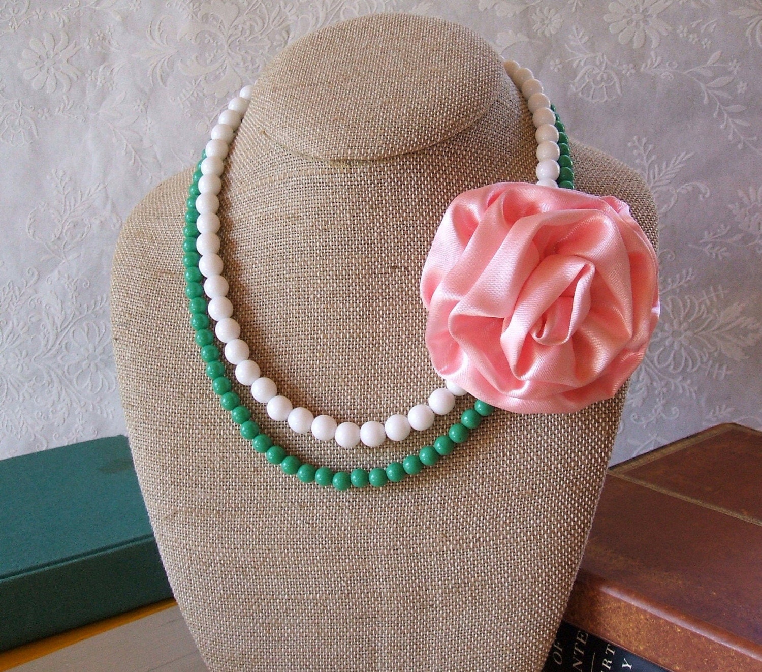 Flower Necklace - Pink satin rose, green and white glass beads