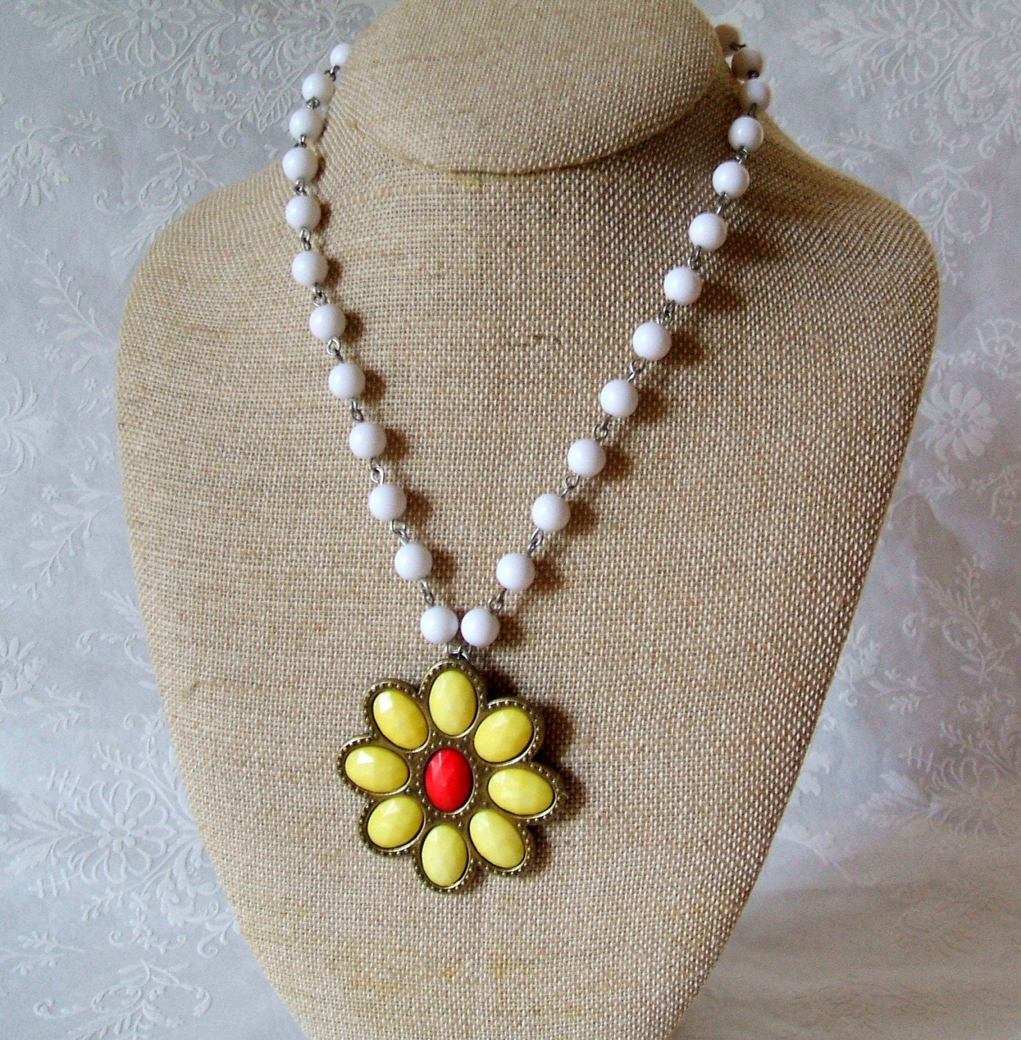 Yellow and Red Retro Flower Pendant on White Rosary Chain Necklace