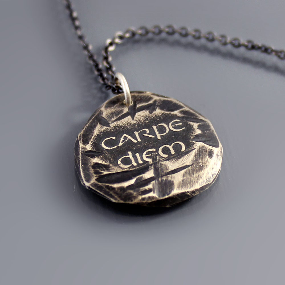 Silver Carpe Diem Necklace - Etched Inspirational Quote - OOAK