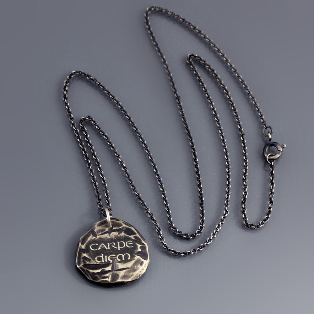 Silver Carpe Diem Necklace - Etched Inspirational Quote - OOAK