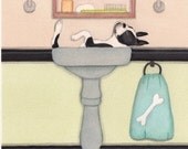 Boston terrier (BT) fills a sink at bath time / Lynch signed folk art print