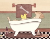 Golden Yellow Labrador (lab) fills tub at bath time / Lynch signed folk art print