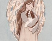 Angel with brown and white English Springer Spaniel /  Lynch signed folk art print