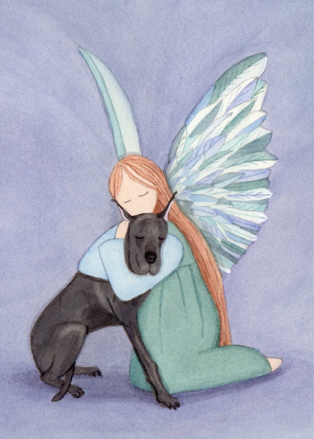 Angel and black great dane / Lynch signed folk art print