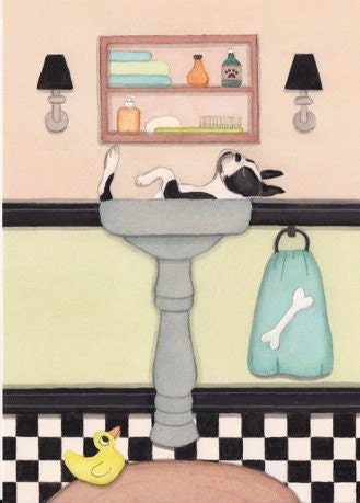 Boston terrier (BT) fills a sink at bath time / Lynch signed folk art print