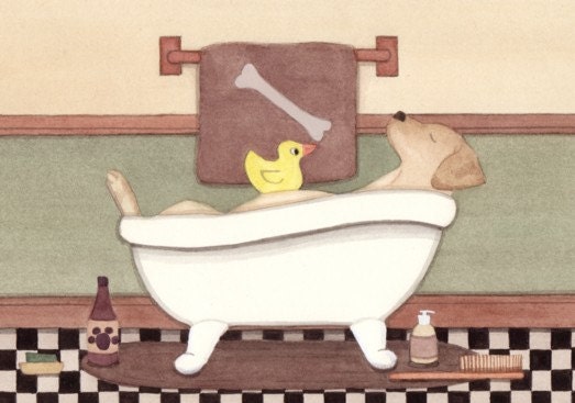 Golden Yellow Labrador (lab) fills tub at bath time / Lynch signed folk art print