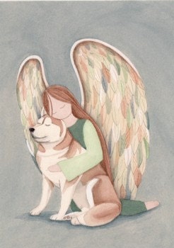 Copper red Siberian Husky with Angel / Lynch signed folk art print