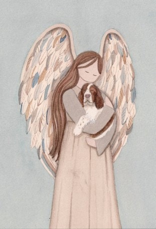Angel with brown and white English Springer Spaniel /  Lynch signed folk art print