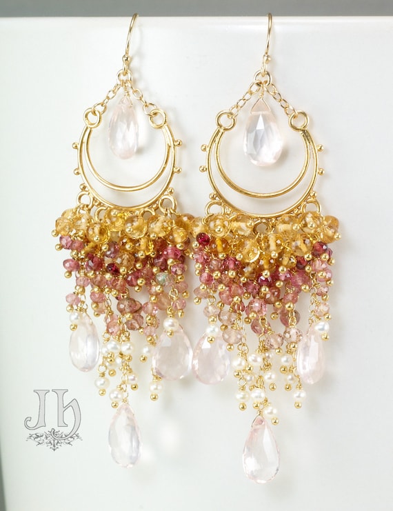 Yvette earrings ... Rose Quartz, Pink / Yellow Tourmaline, Citrine, Pearls, Gold Vermeil