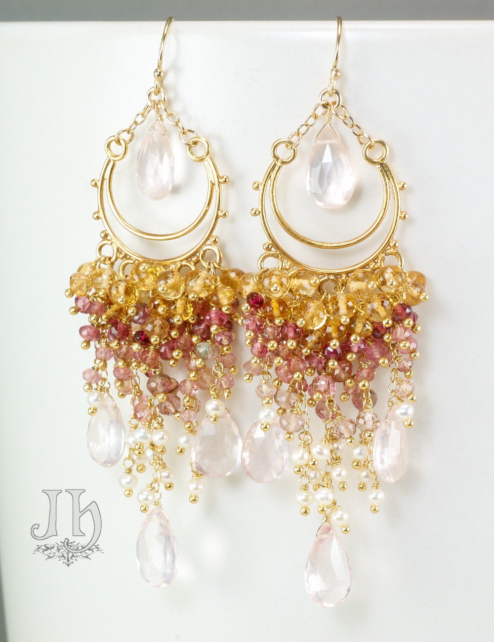 Yvette earrings ... Rose Quartz, Pink / Yellow Tourmaline, Citrine, Pearls, Gold Vermeil