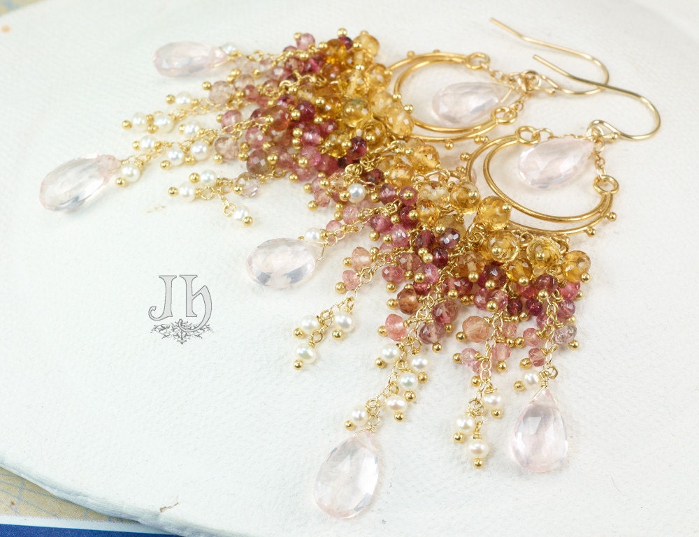 Yvette earrings ... Rose Quartz, Pink / Yellow Tourmaline, Citrine, Pearls, Gold Vermeil