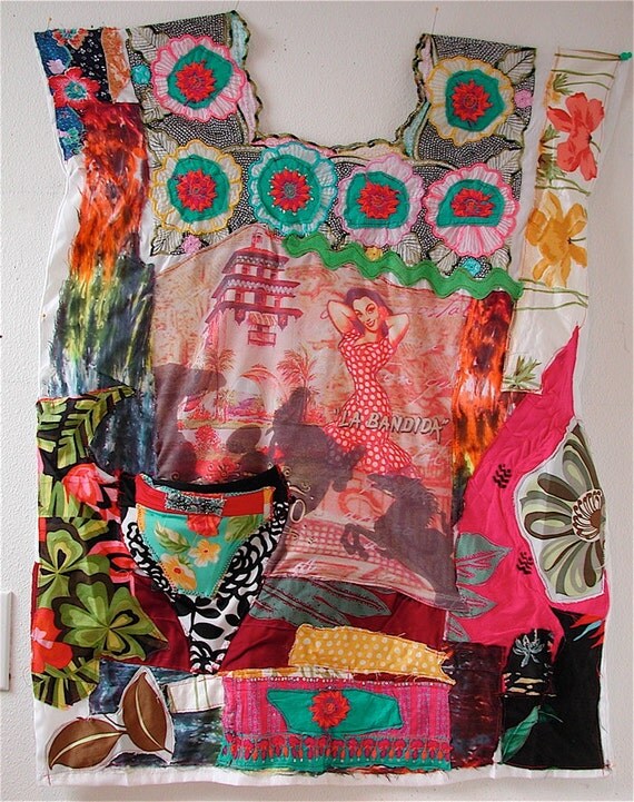 Altered Wearable ART Couture Vintage Embroidered Mexican DRESS Lg TOP