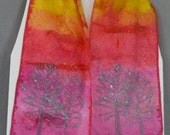Silk Scarf, Handpainted, orange, pink, yellow, Sunset Forest
