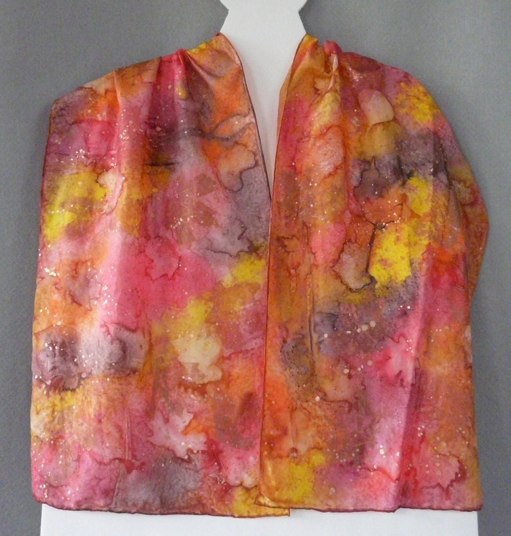 Silk Scarf, Handpainted, Copper Canyon, red, orange, gold, fuchsia