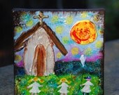 Folk Art Church Family original painting 6x6