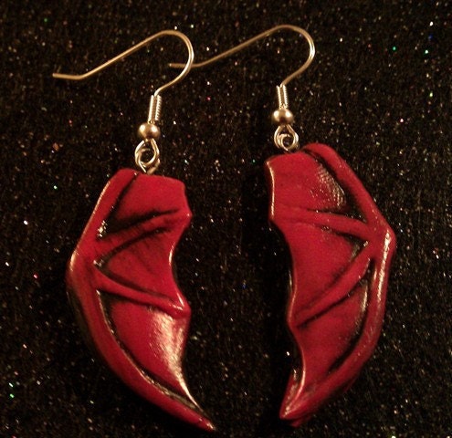 Bat,bat wing, bat earrings, OOAK, red bat earrings, Halloween, Goth, red, red earrings, halloween earrings