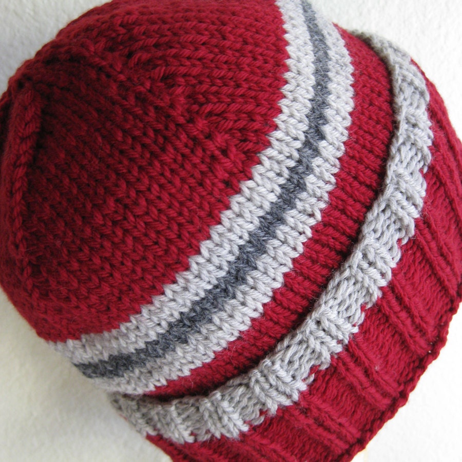 Hat Merino Wool Red and Grey Hand Knit