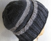 Hat Merino Wool Grey Stripes Hand Knit
