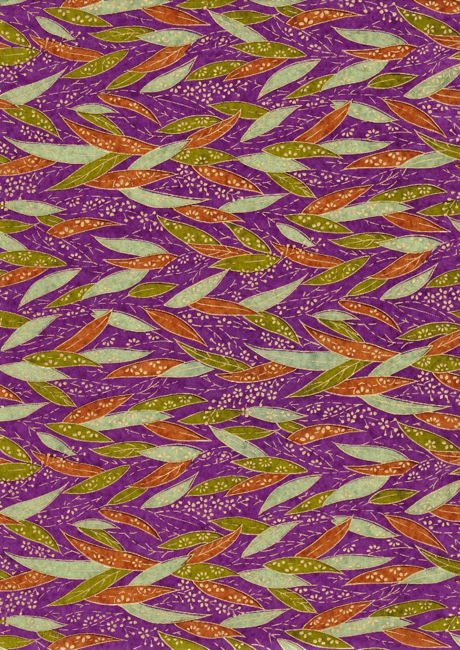 Green Brown Gum Eucalyptus Leaves on Purple Japanese Yuzen Chiyogami Washi Paper Sheet 23 x 15 cm (9 x 6 inches)