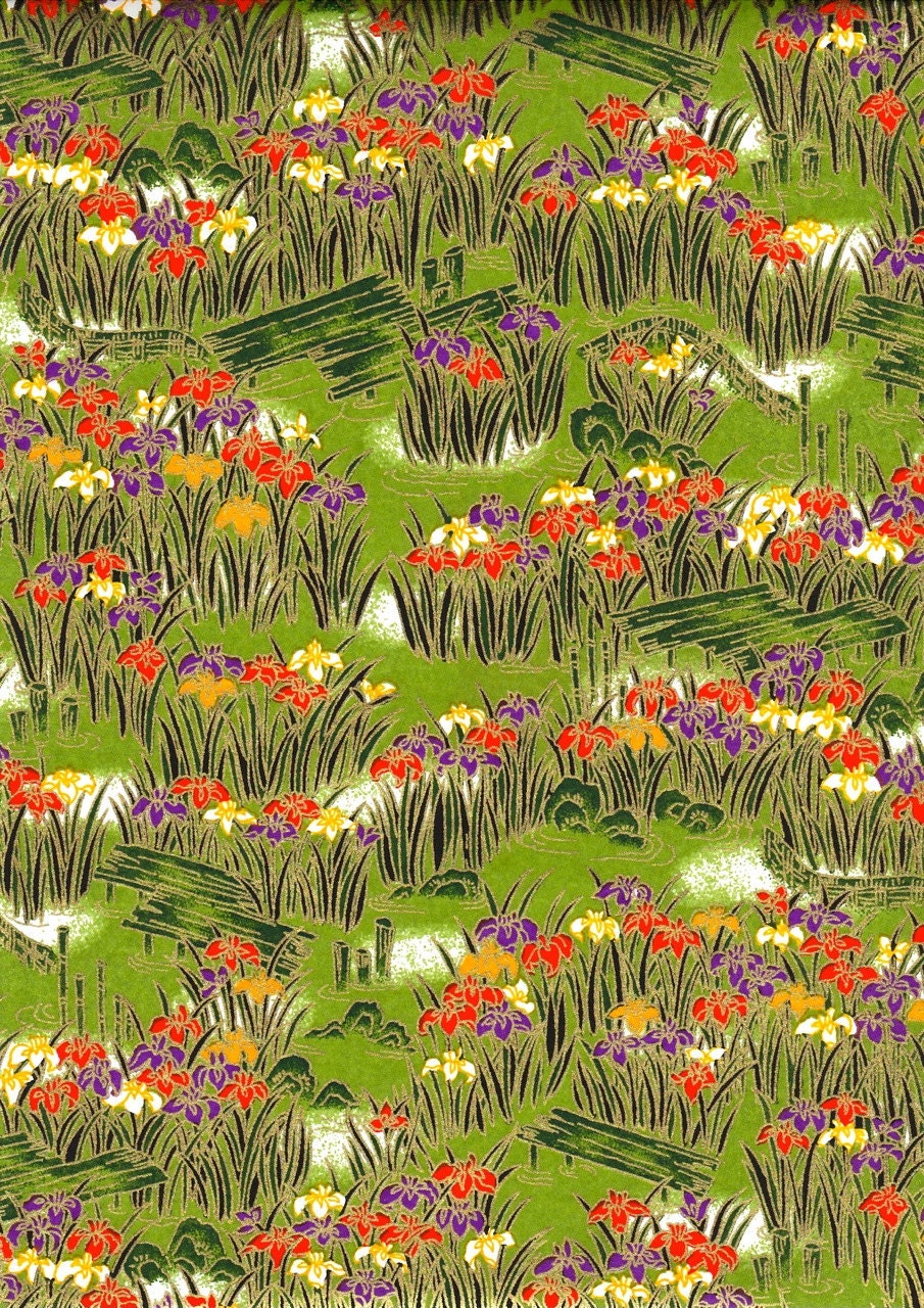 Green Iris Garden Japanese Yuzen Chiyogami Washi Paper Sheet 23 x 15 cm (9 x 6 inches)