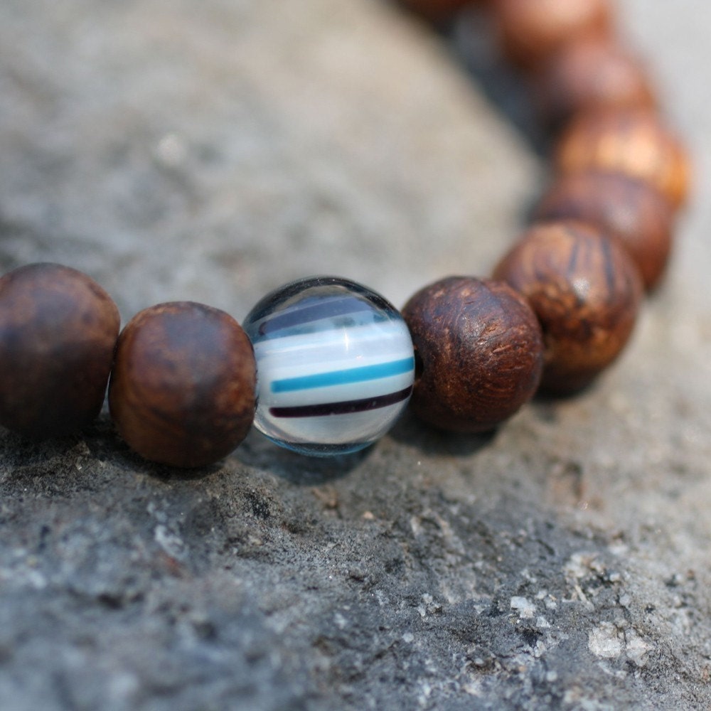 Walnut Wood Wrist Prayer Beads w Striped Glass Yoga Bracelet